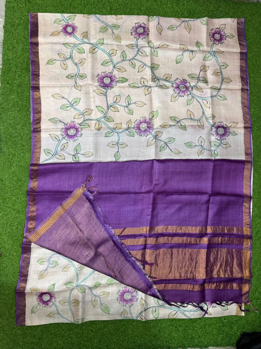 Pure Handloom Tussar Silk Hand Painted Pen Kalmakari Saree
